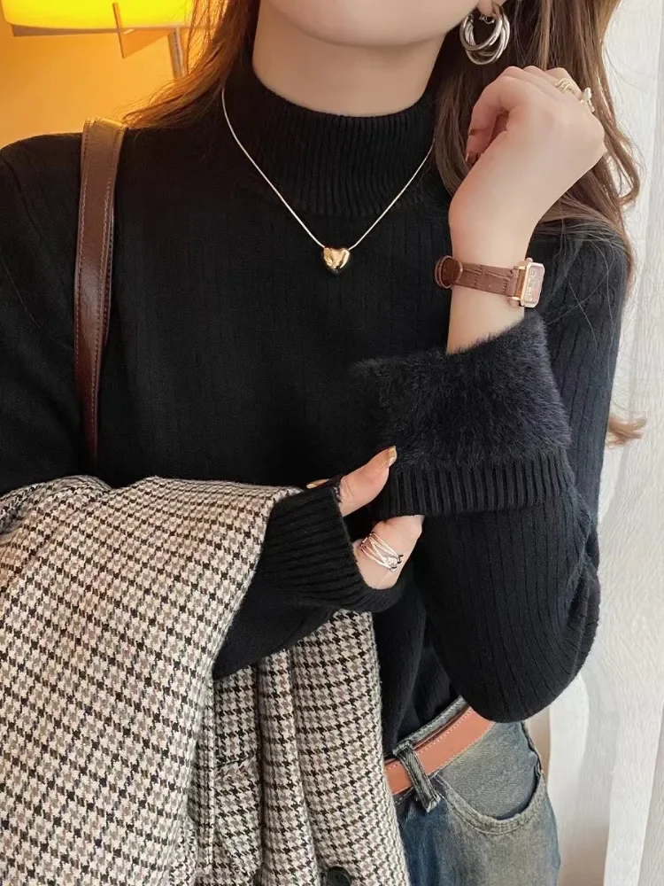 Autumn and Winter Warm Integrated Velvet Women's Half Hight Collar Long-sleeved Slim-fit Sweater Knitwear Casual Bottoming Shirt
