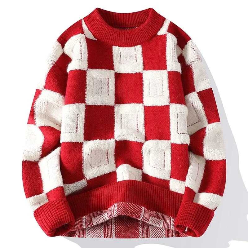 Warm Sweater for Men and Women Couple Wear Round Neck Personalized Fashion Checkerboard Panel Bottom Knitted Shirt Clothes Y2k