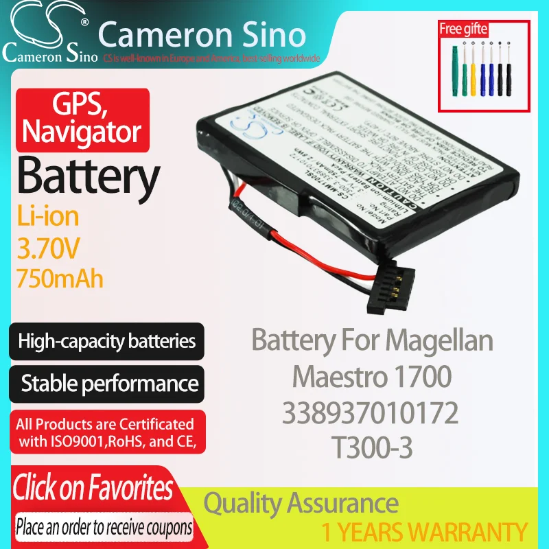 Cameronsino Batteria Per Magellan Maestro 1700 Adatto Magellan 338937010172 T300-3 Gps, Navigatore Batteria 750Mah 3.70V Li-Ion Nero