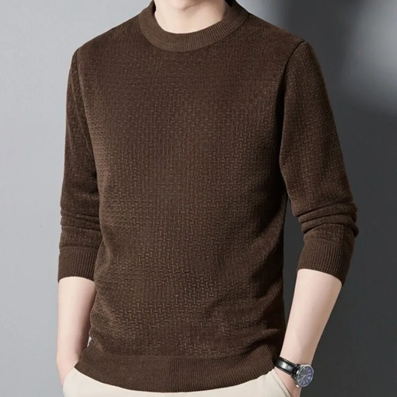 Autumn and Winter Men's Pullover Round Neck Solid Color Plush Thickened Long Sleeve Sweater Knitted Underlay Fashion Casual Tops