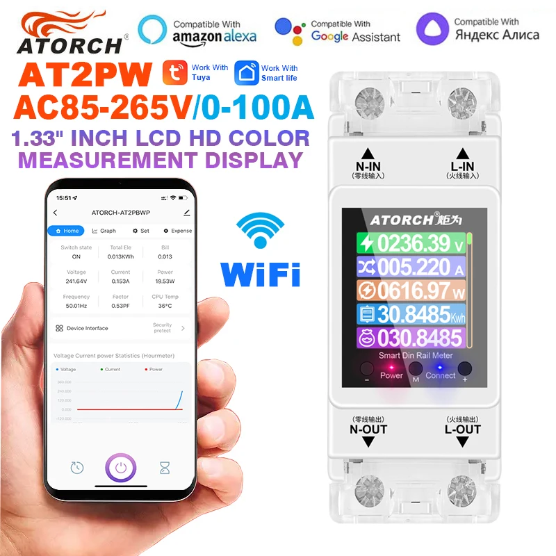 Monitor Energia Elettrica WiFi - Misuratore Consumi Su Guida DIN Per Casa 110/220V