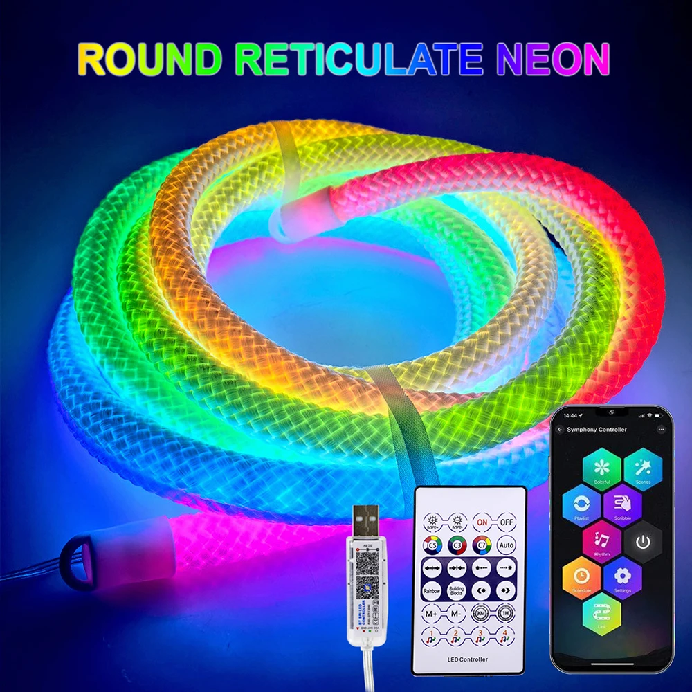 ไฟ LED แบบเส้น DC5V WS2812B WS28111 ลายตาข่ายกลม นีออน LED 360 องศา สมาร์ท RGB แบบยืดหยุ่น ซิลิโคนกันน้ำ IP67 พร้อมชุดควบคุม 28 ปุ่ม 1