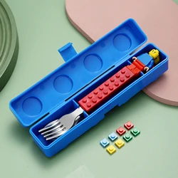 Stainless Kids Funny Fork Spoon Set Children Building Block Toys Cartoon Steel Tableware Portable Storage Jigsaw Puzzle Toy