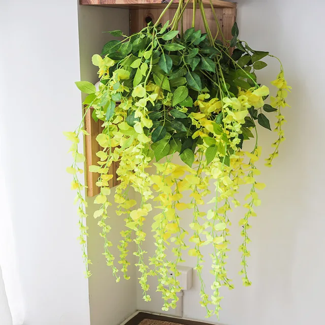 Artificial Plant Wisteria Flower Wall Hanging Rattan Decoration Home Hotel Garden Hall Decoration Wedding Scene Ceiling Pendant Long yellow
