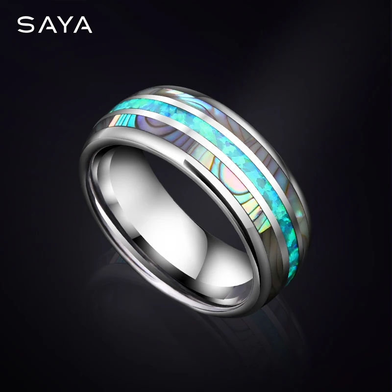 Rings for Men 8mm Tungsten Inlay Opal and Shell Engagement Jewelry Elegant Comfort Fit,Free Shipping,Customized