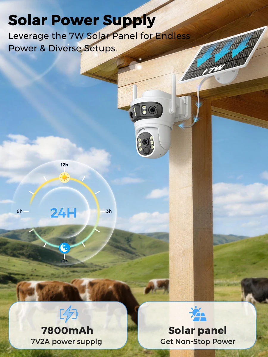 12MP 6K Three Screens PTZ Wifi Solar Security Camera Outdoor Wireless Surveillance Camera PIR Human Detection Built-in Battery 5