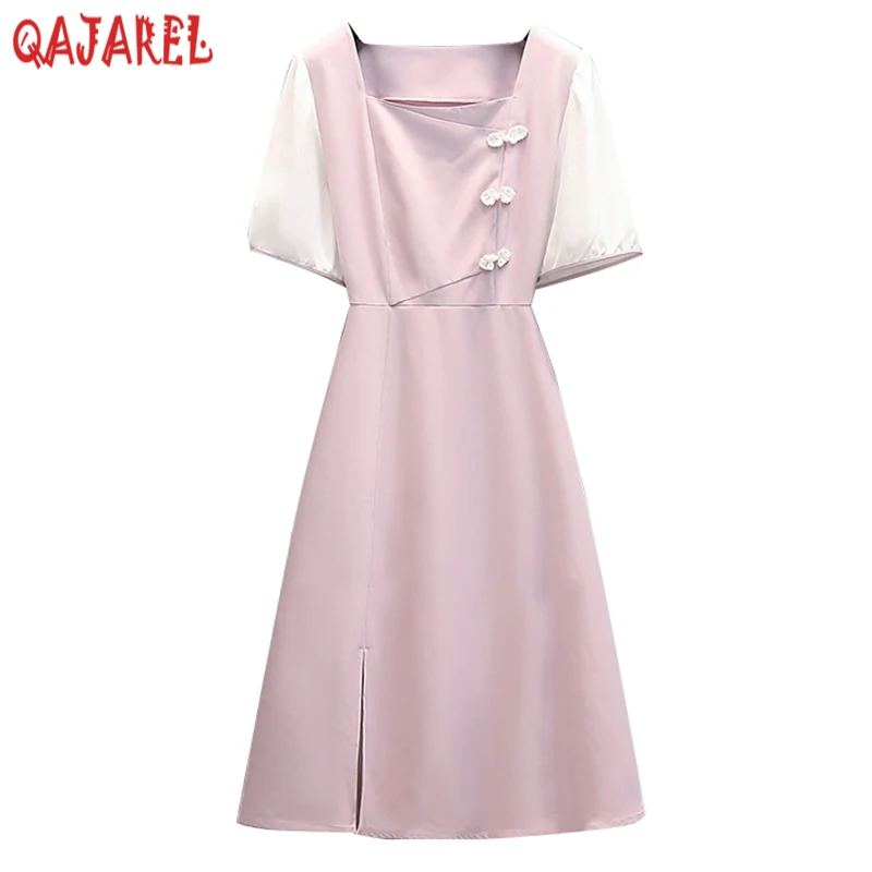 

Summer New Pink Fashion Square Collar Midi Dress Women Black Korean Vintage Hepburn Dress 2024 Elegant Bodycon Office Lady Dress