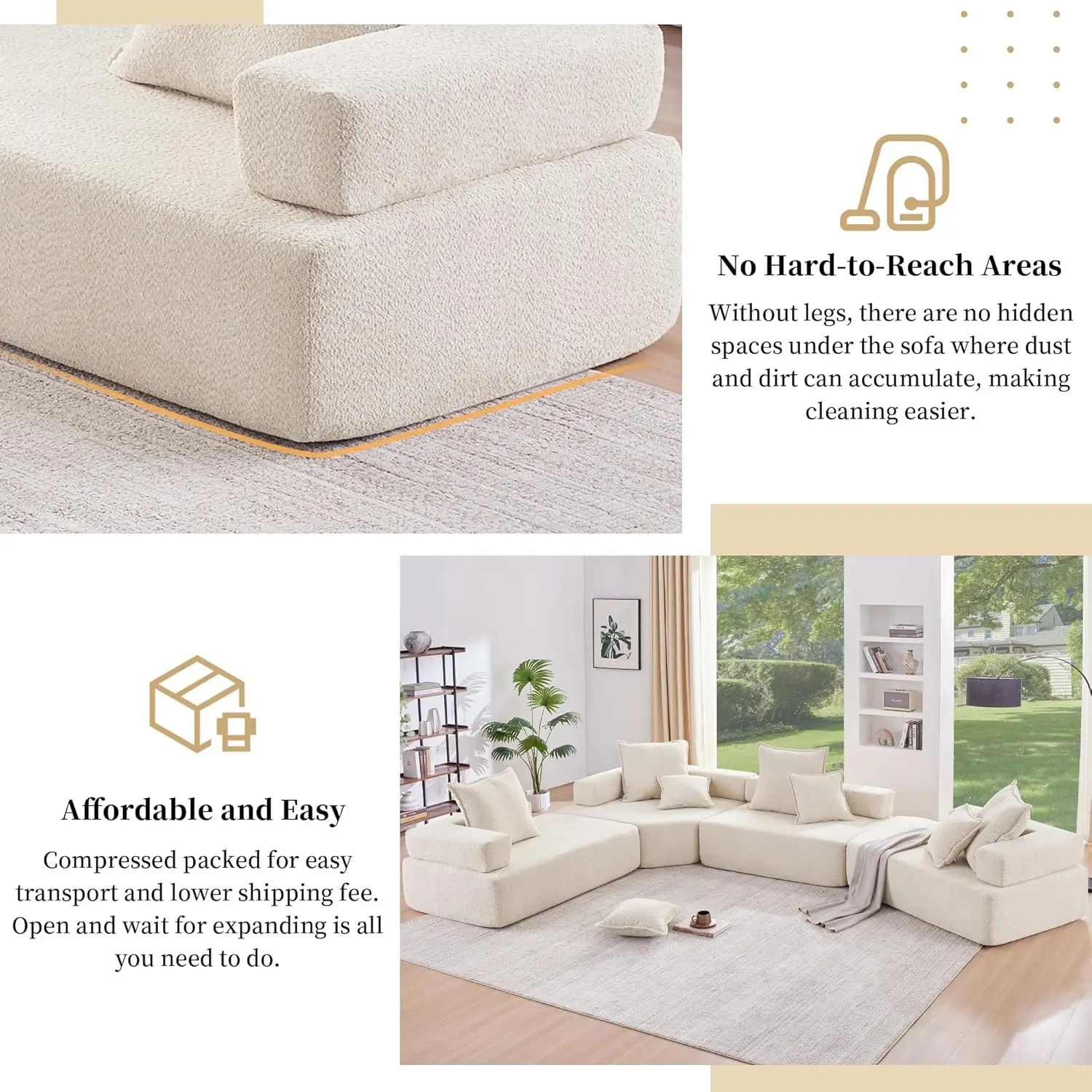 6-8 Seat Oversized Modular Sectional Sofa with Comfy Throw Pillows, U Shaped Luxury Boucle Floor Couch for Living Room, Apartmen