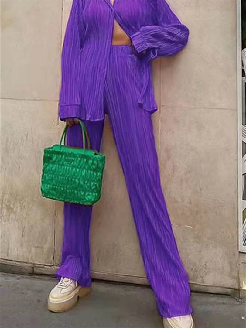 Women Pleated 2 Piece Pants Sets Spring Summer Streetwear Long Sleeve Button Down Shirt+Straight-Leg Pants Loose Outfits