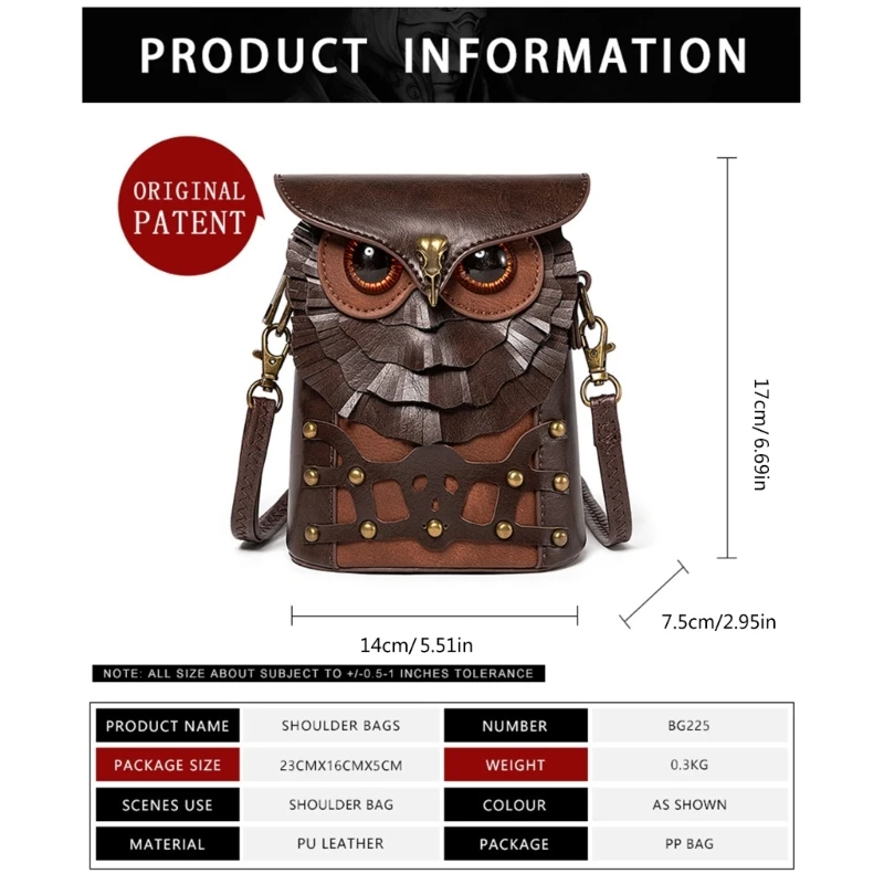 Women Crossbody Bag Medieval Handbag Bag PU Leather Owl Shoulder Bag