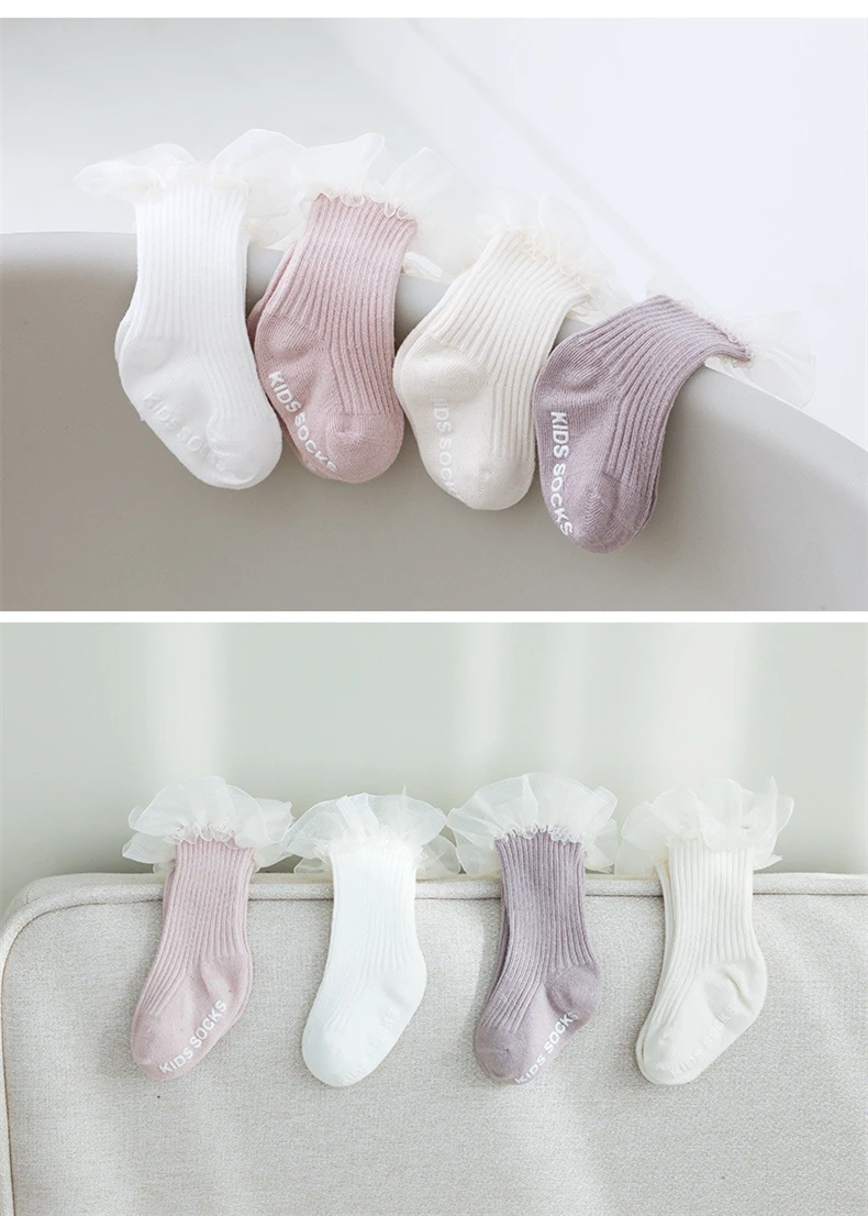 Newborn Baby Socks Infant Kids Knee High Ruffle Girls Sock Toddler Anti Slip Cotton Infant Long Frilly Lace Socks For 0-3Years