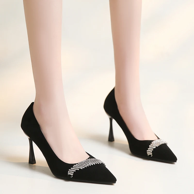 Women's 2024 Spring/Summer/Autumn New Black Rhinestone Slim Heel Fashion Shoes with Pointed High Heels