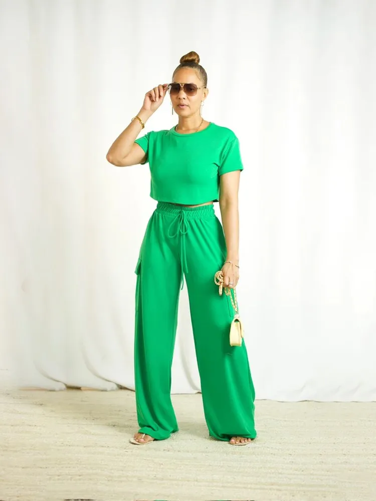 Fashion Two-piece Casual Short-sleeved Top Waisted Loose Workwear Wide-leg Pants Suit Women's Summer Black Green Casual Sets New black brown cotton apron barista coffee shop bistro pastry chef restaurant bistro uniform florist manicure baker workwear d6