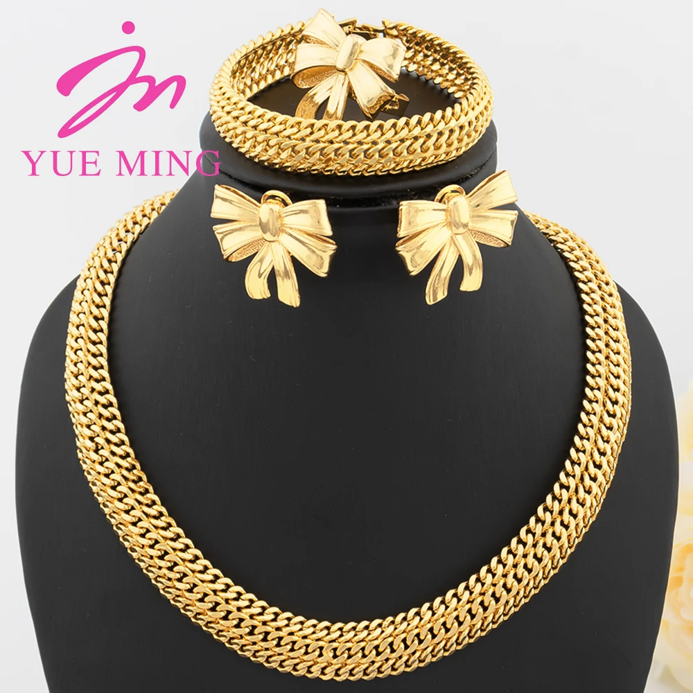 

YM Bow Jewelry Sets for women Dubai Gold Plated Necklace Earrings African Bridal Wedding Party Geometry Ring Bracelet Jewellery