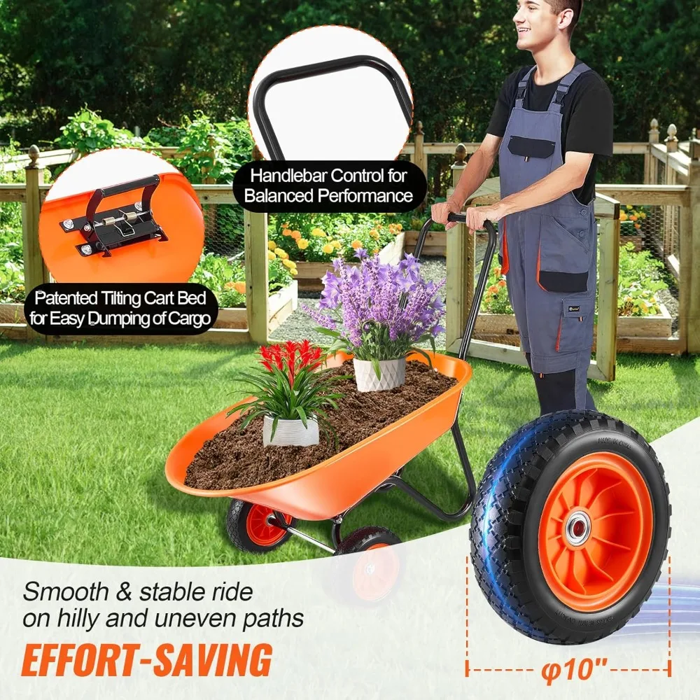 Wheelbarrow Cart，2 Wheels Garden Dump Cart, Garden Wagon with Handle, 10" Wide Track Wheels, Easy Loading Utility Yard Cart