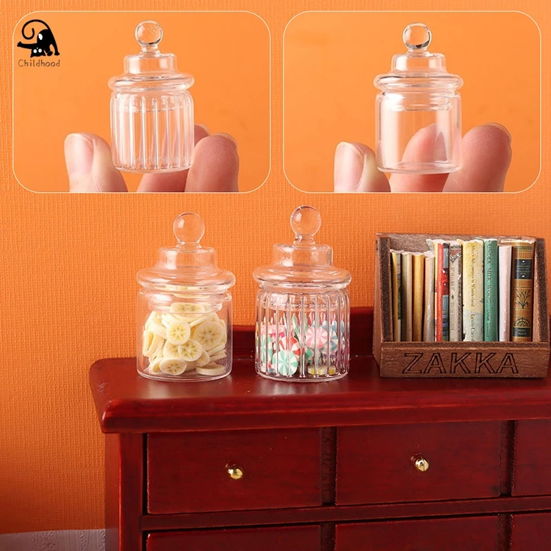 1:12 Dollhouse Miniature Candy Jar Glass Bottle Storage Tank with Lid Tiny Vial Home Decor Toy Doll House Accessories 3