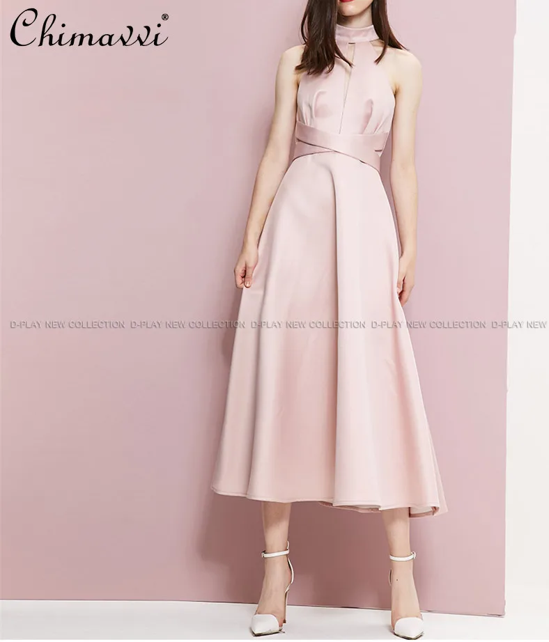 

Модное милое розовое сексуальное платье с лямкой на шее, облегающее платье на бретельках с высокой талией для девушек, ажурные длинные платья подружки невесты для женщин