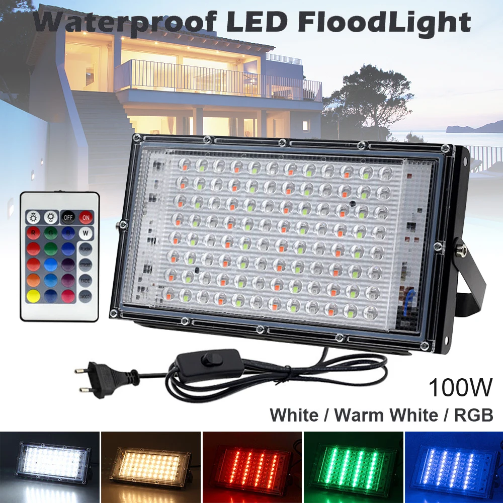 цена 50/100W LED Flood Light RGB Landscape Light 220V IP65 Waterproof Garden Lighting Lamp Spotlight with Switch Wire Wall Floodlight