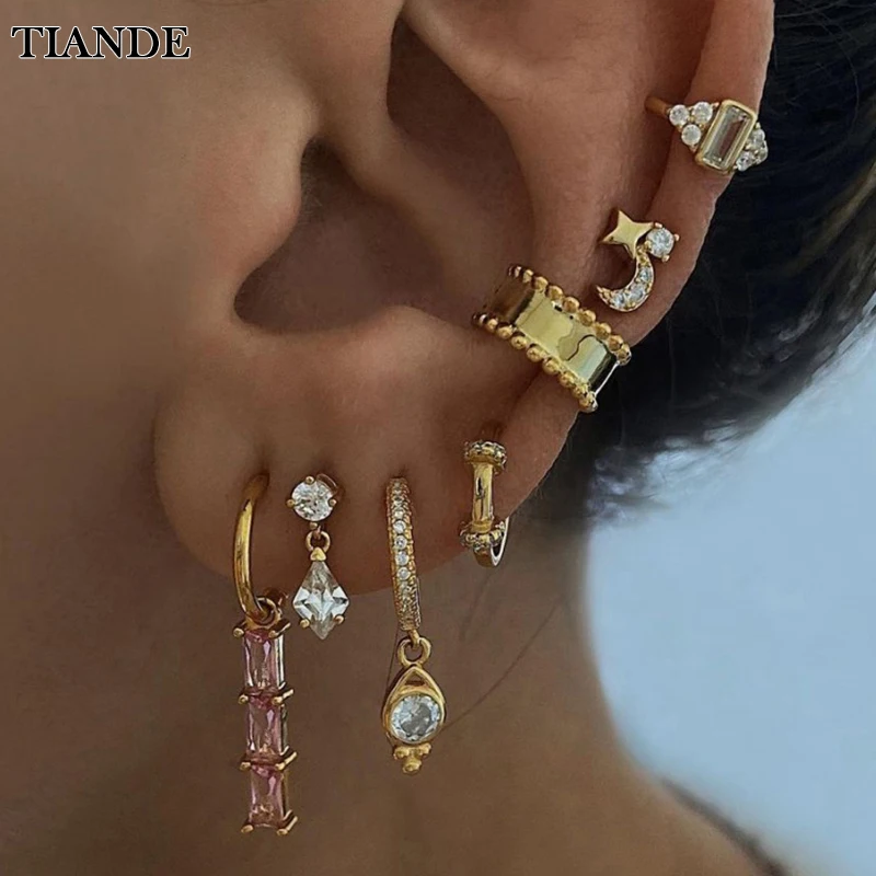 TIANDE Gold Plated Stud Earrings for Women Vintage Fine Zircon Piercing Women's Dangle Earrings