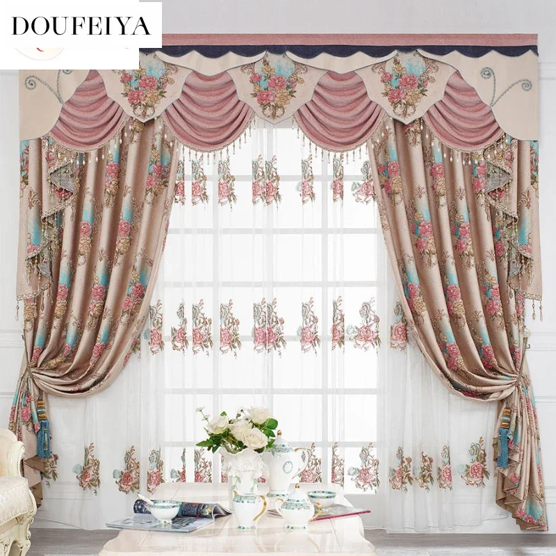 

Luxury European Thickened Jacquard Pink Curtains for Living Room Bedroom Dining Blackout Valance Tulle Lace Window Wedding Decor