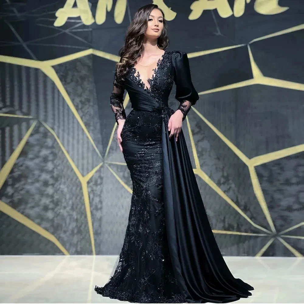

Fairytale Charming Prom Dresses Black Evening Dress Full Lace Long Sleeves Mermaid Formal Party Gowns Dubai Maxi Plus Size Party
