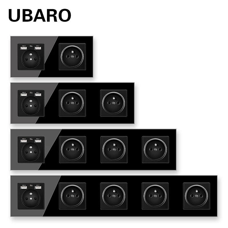 Ubaro-tomada de Painel de Parede de Cristal Temperado Padrão Francês com Usb 5v 2a Power Plugs Elétricos Preto Ac100250v16a Tomada