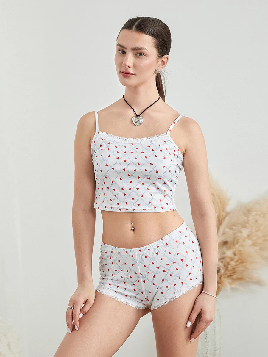 

Women 2 Pieces Pajamas Set Bowknot Heart Print Camisoles Tank Tops and Elastic Waist Shorts Sleepwear Lounge Sets