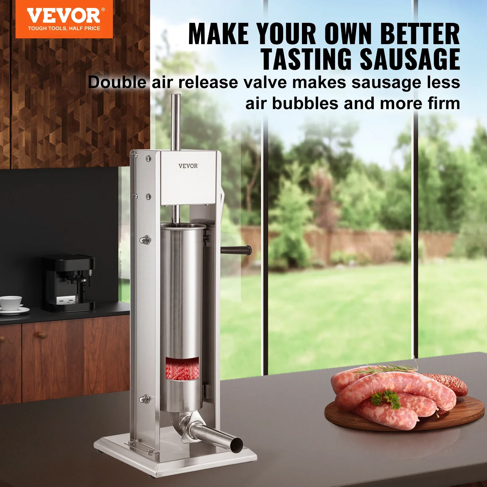 VEVOR Manual Sausage Stuffer 3 5 7 L Stainless Steel Making Sausage Vertical Maker With 5 Filling Funnels For Home Commercial