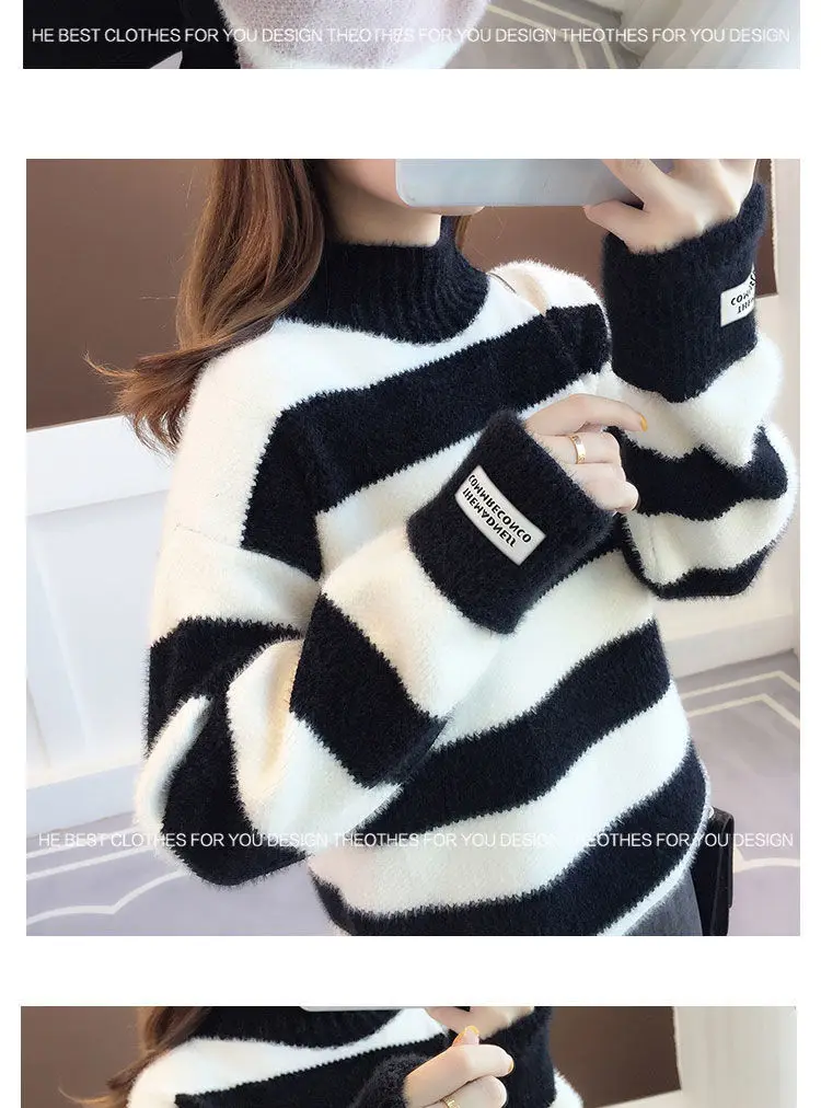 short sleeve cardigan Autumn and Winter New Mink Semi High Neck Sweater Women Thickened Loose Lazy Student Pullover Bottomed Sweater Fashion long cardigan