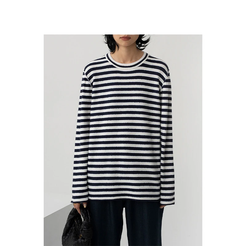 

Striped Crew Neck Cashmere Blend Pullover Tops Knitted Loose Sweater