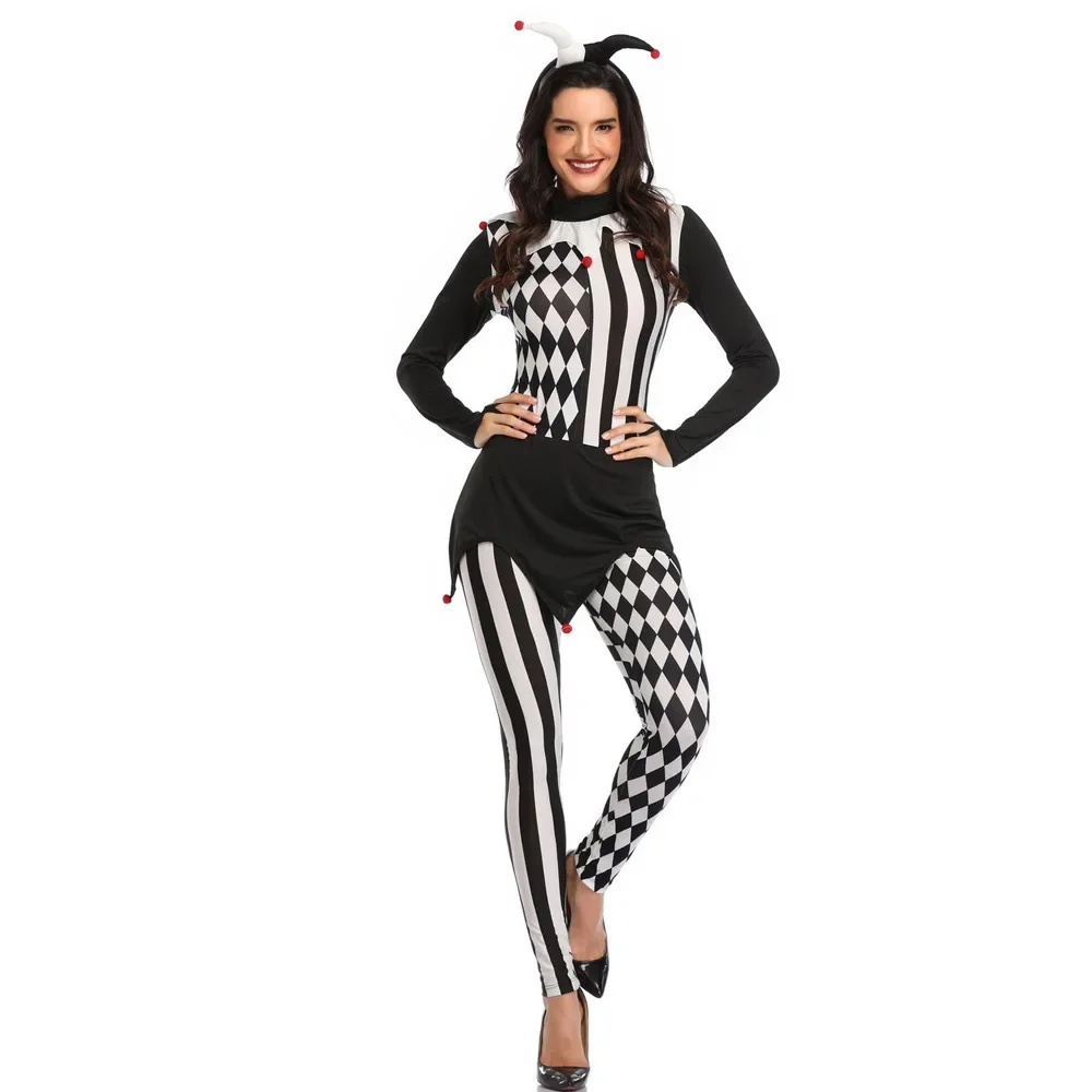 

Black and White Funny Clown Costume Adult Women Halloween Cosplay Circus Clown Jumpsuit