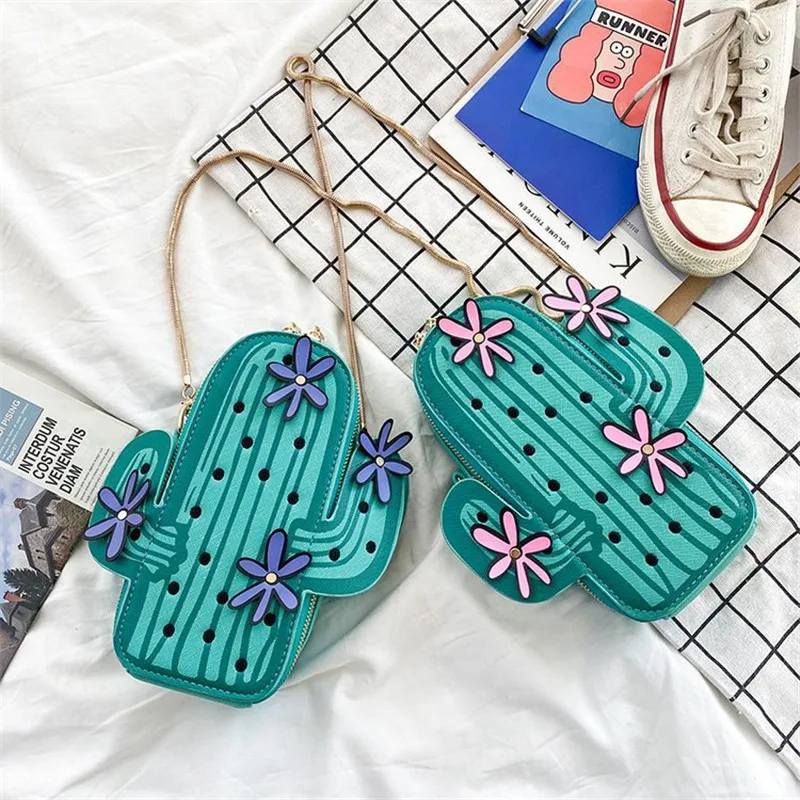 Women Handbags Cactus Shape Shoulder Bag Embroidery Flowers Chain Messenger Mini Crossbody Bags