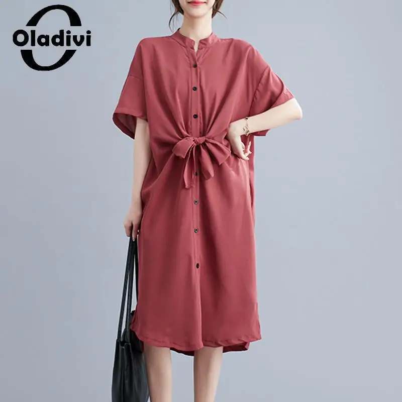 

Oladivi Large Size Women Short Sleeve Shirt Dress 2023 Summer New Casual Loose Bow Dresses Vintage Ladies Oversized Blusas 2396