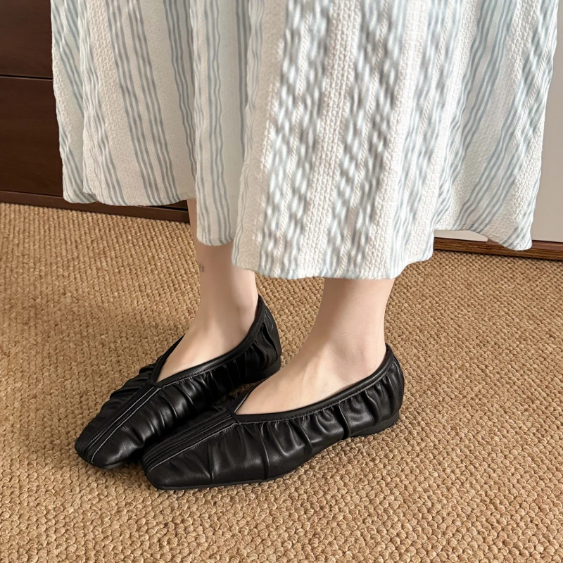 Aphixta Pleated Shallow Ballets Flats Shoes Elegant Women Korean Style Soft Sole Loafers Women Work Shoes Comfortable for Work