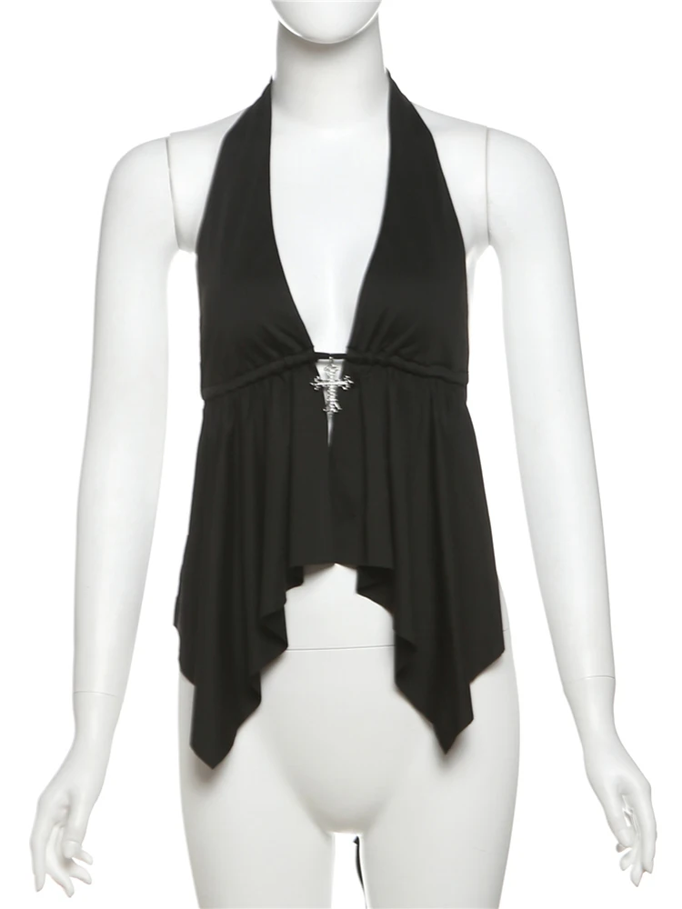 Nibber Irregular Hem Women v-Neck Simple Sleeveless Wild Street Backless Metal Trim Frenulum Halter Sexy Fashion Hottie Vest