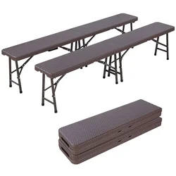 2 Pcs Patio Benches 6ft Portable Folding Bench Rattan Look Seat Chairs Indoor/Outdoor Furniture for Camping Office Commercial