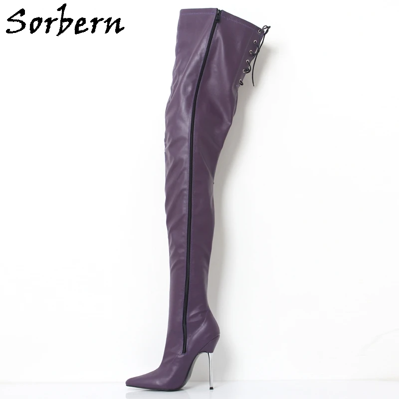 

Sorbern Unisex Streched Purple Boots Women Lace Up Back Mid Thigh High Metal Heel Stilettos Pointed Toe Boot For Guys Customized