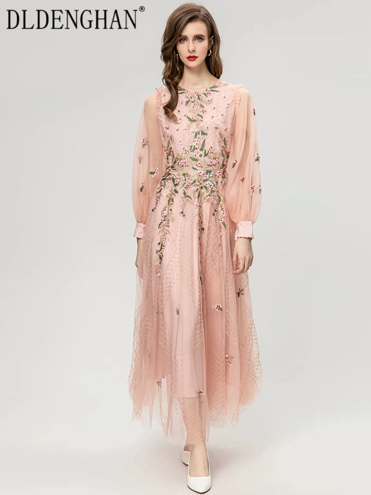 

DLDENGHAN Autumn Maxi Mesh Dress Women O-Neck Lantern Sleeve Sequins Floral Embroidery Elegant Party Dress Fashion Designer New