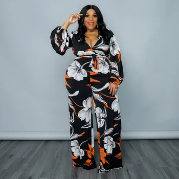 Large size European and American women's clothing, spring bubble sleeve printed jumpsuit source factory direct sales