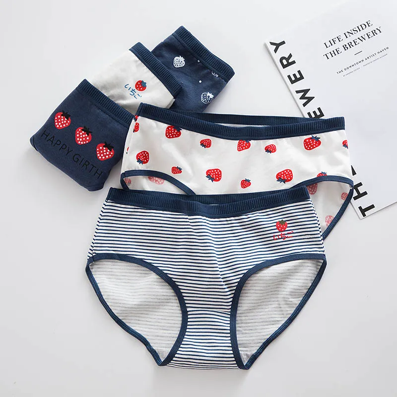 

Women Panties 95% Cotton Fashion Strawberry Striped Knickers Female Girls Fruit Briefs Soft Breathable Underwear Lingeries