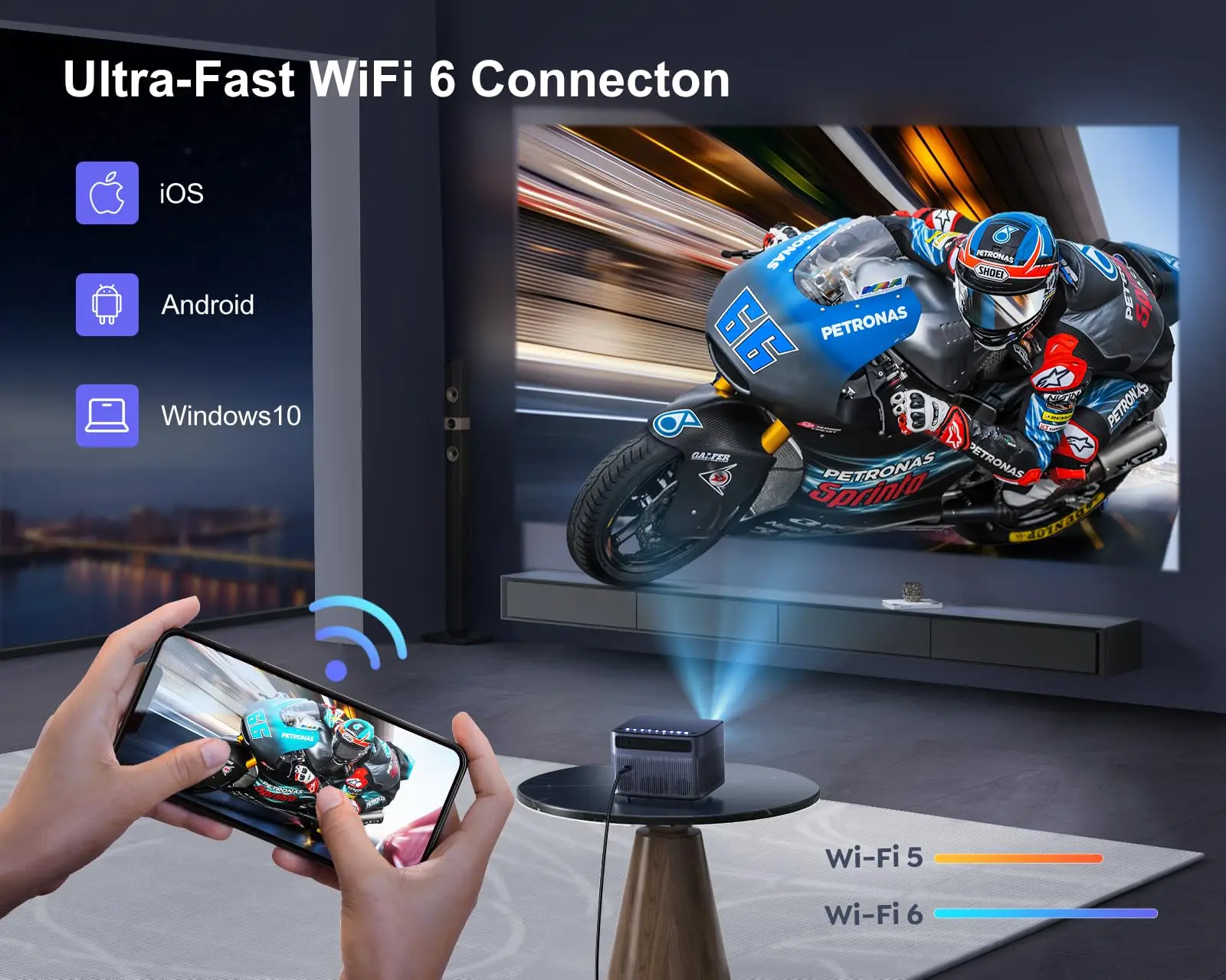 Portable Projector Mini Projector Video Projector Wimius Projector Native 1080P Full HD 4K Supported 500 ANSI 25000L WIFI 6 Bluetooth Auto Focus/Keystone Outdoor Home Cinema