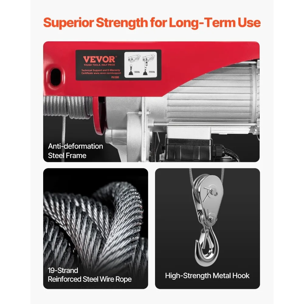 Electric Hoist, 2200 lbs 120V Electric Winch with 328 ft Wireless & 14 ft Wired Remote Control 40 ft Single Cable Lifting Height