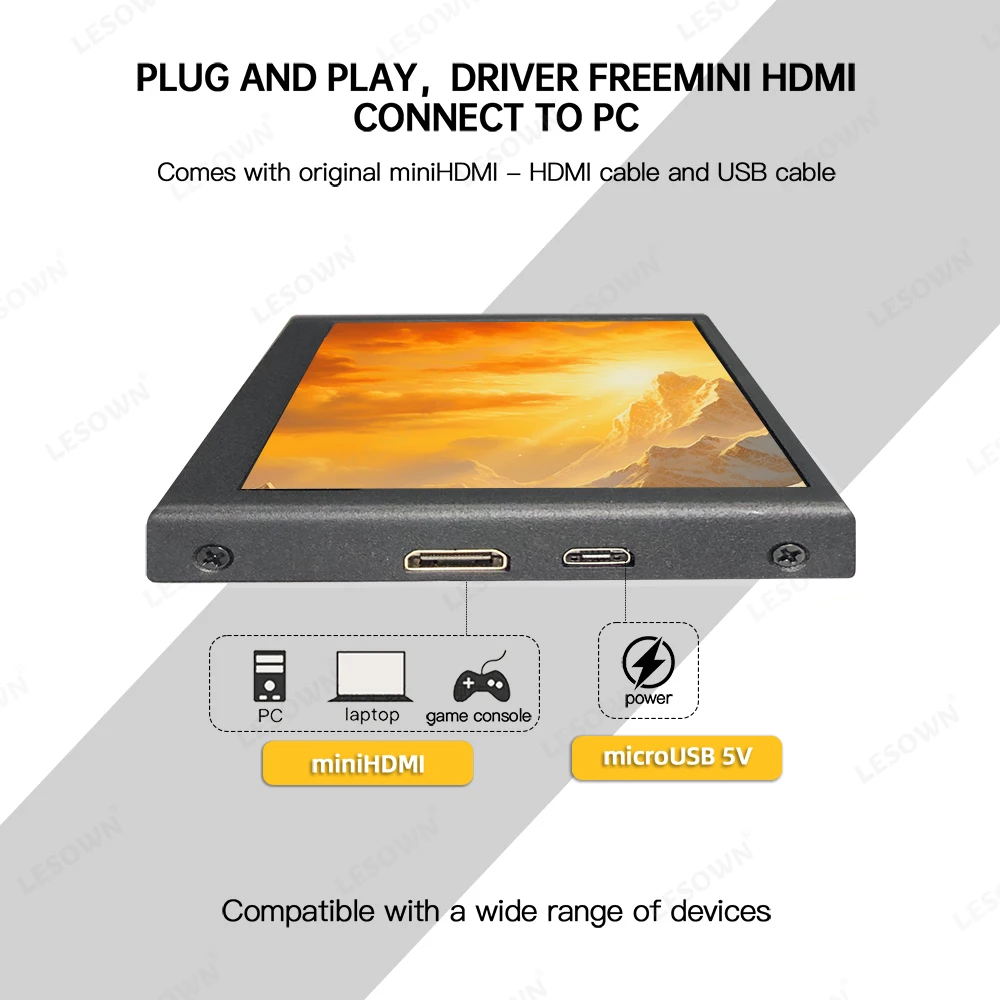 LESOWN 미니 모니터 HDMI 소형 LCD 화면, 800x480 IPS 휴대용 경량 디스플레이, 윈도우 PC 컴퓨터 플러그 앤 플레이, 5 인치