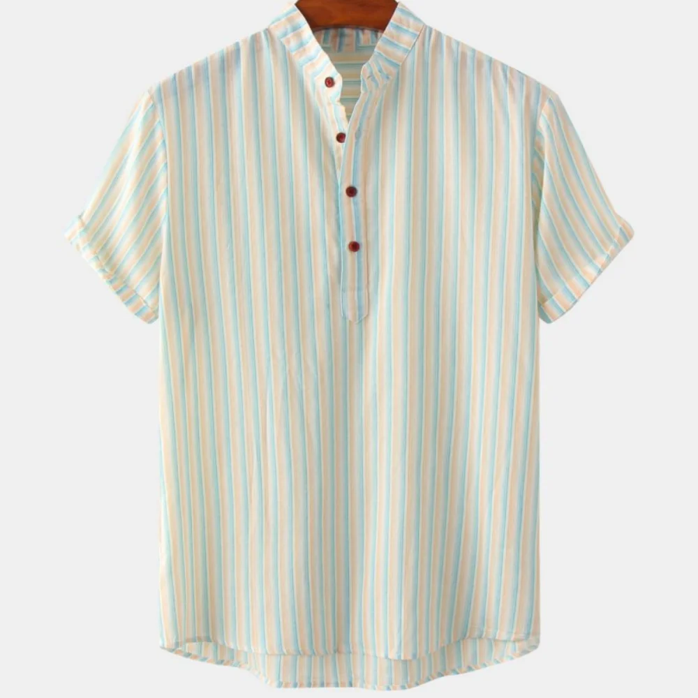 Men's Summer Striped 3D Printed Henley Shirts Fashion Oversized Button Stand Collar Short Sleeve T Shirt Tees Tops