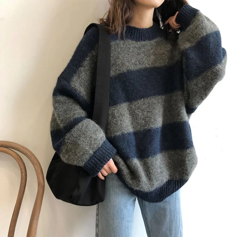

Winter Thick Tops Casual O-neck Pullover Women Autumn Contrast Color Striped Knitwear Fashion Knitted Loose Sweater Women 28594