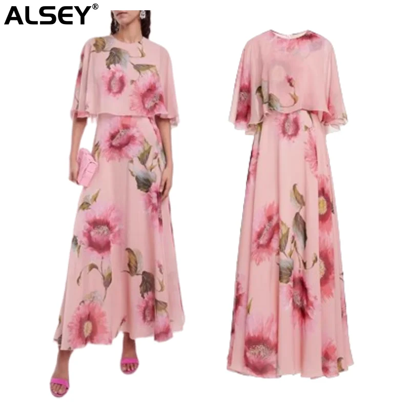 

ALSEY Pink Cape Women's Dress Temperament Commuter High Quality Fashion Printed Long Skirt Ankle 2023 Early Autumn New Skirt