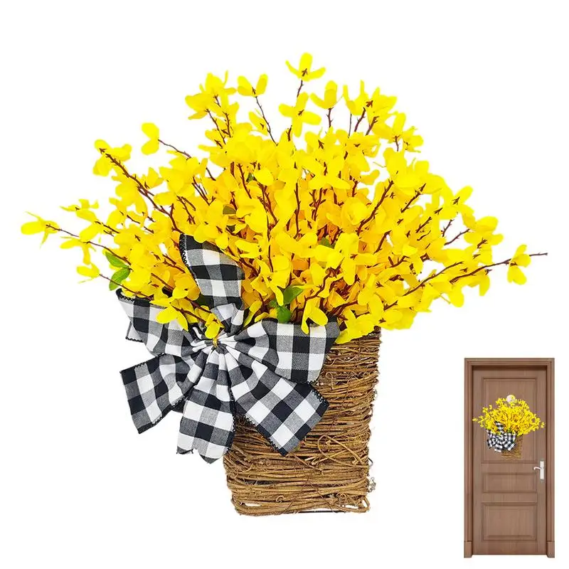 

Spring Door Wreaths for Front Door Outside Front Door Decoration Wall Hanging Spring Basket Wreath with Plaid Bowknot for Home