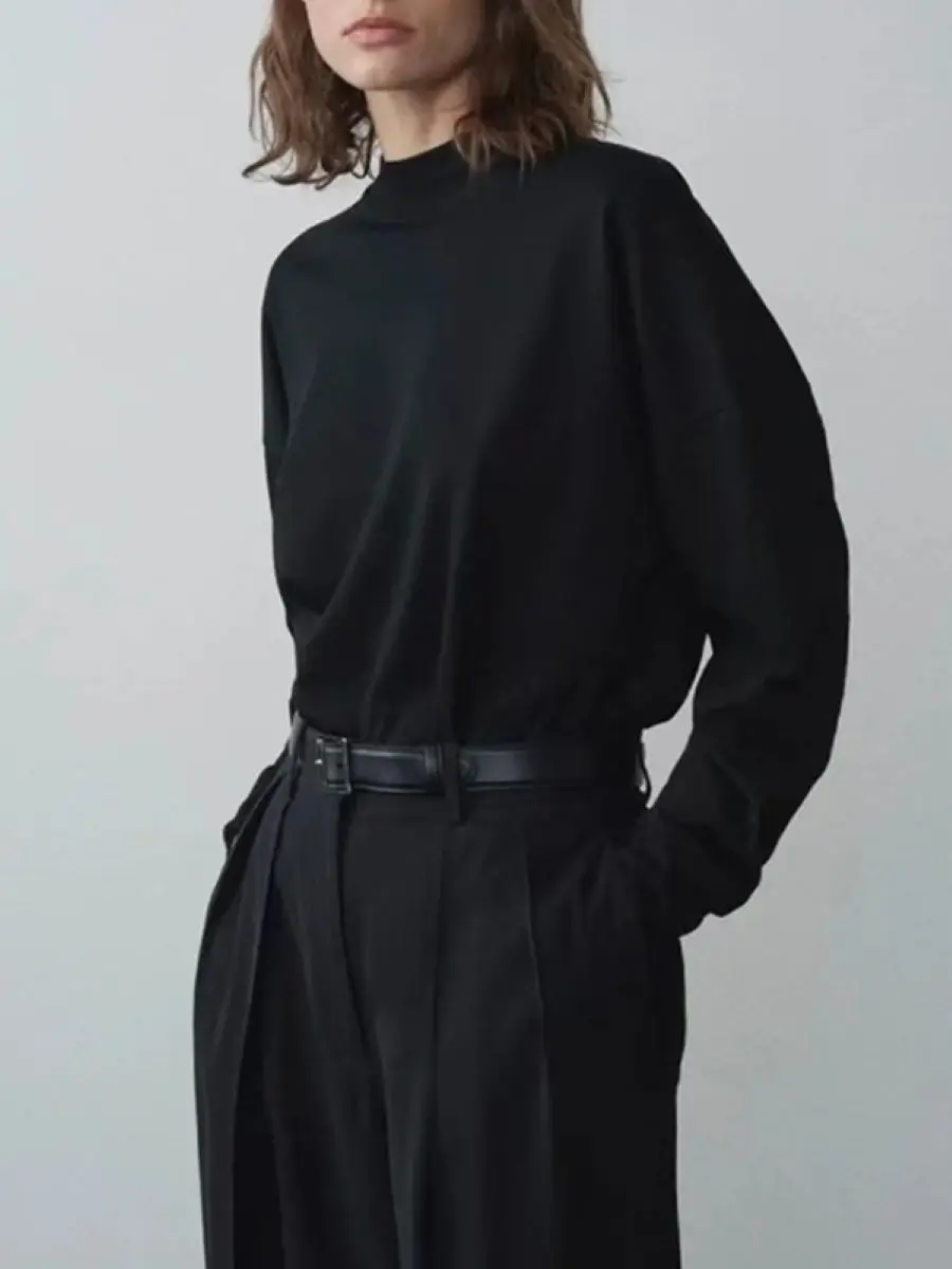 

Women T-Shirt O-Neck Long Sleeve White or Black Female Loose Cotton Tee Tops