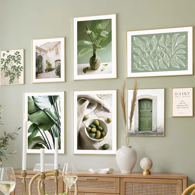Bowl of Olives Green Botanical Vase Line Monstera Leaf Wall Art Canvas Painting Poster Prints Pictures For Living Room Decor