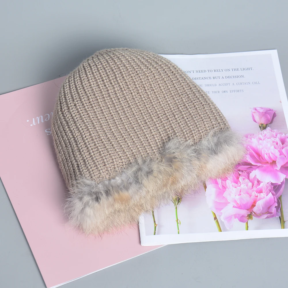 Fur Hat Winter Hat Russian Women Knitted Real Rabbit Fur Bomber Hats Winter Lady Warm Fluffy